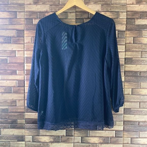 ECLAIR NWT Sheer Chevron Pattern Navy Blue Blouse Large - Picture 3 of 13